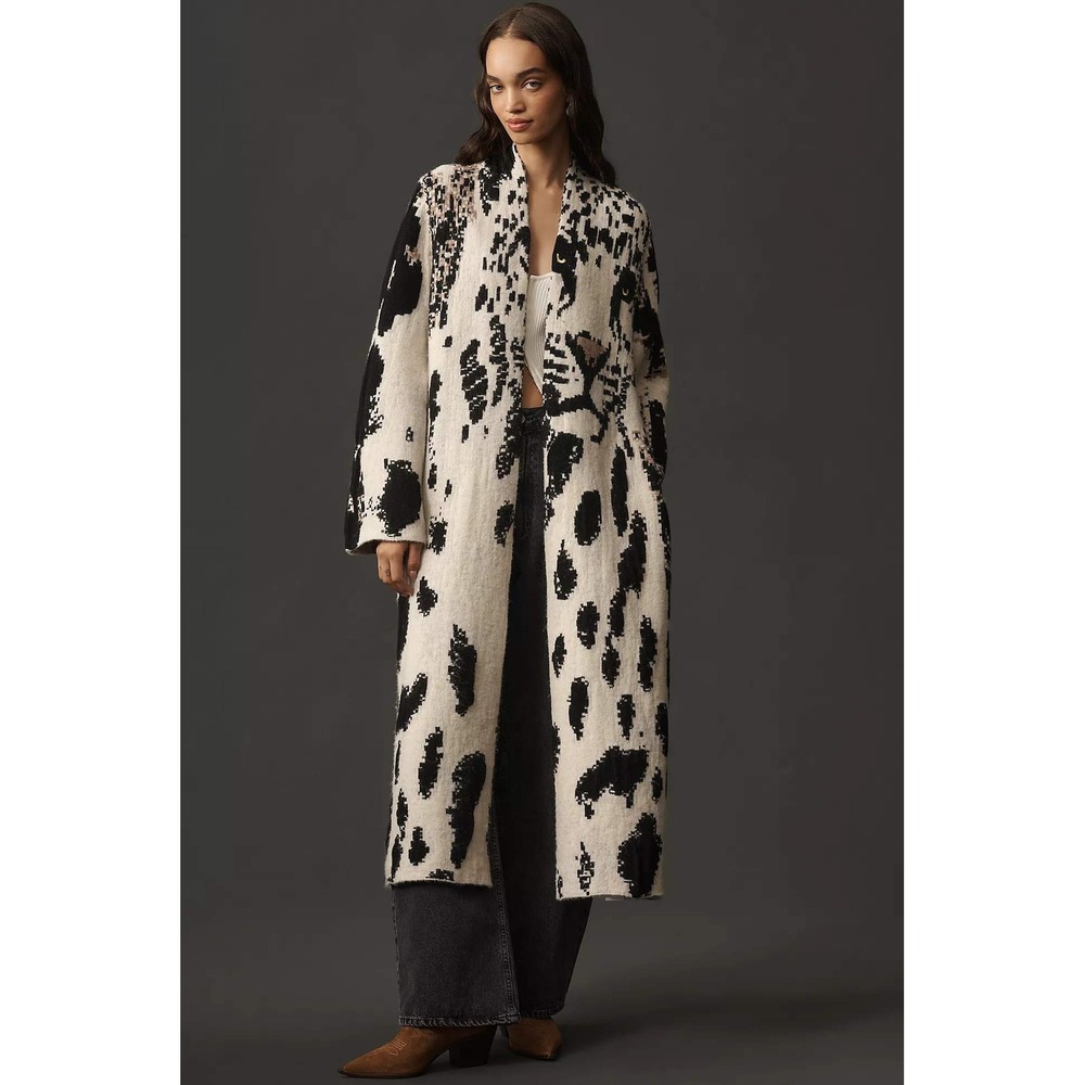 Pilcro Leopard Intarsia Duster Cardigan Womens L/XL White Black Animal Print